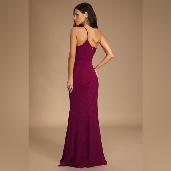 NWT Truly Magnificent Shiny Magenta One-Shoulder Mermaid Maxi Dress, size L. - Picture 4 of 5